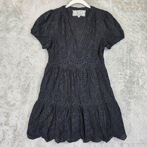 Pink Martini Dress Womens Small Black Eyelet Cotton Puff Sleeve Tiered Mini